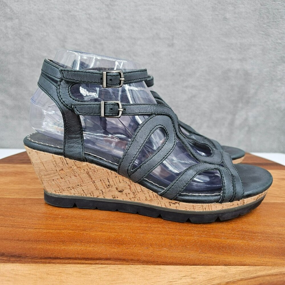 Bussola Saint Tropez Wedges Sandals 40 9.5 Black Graphite Leather Cork Strappy - Picture 7 of 16